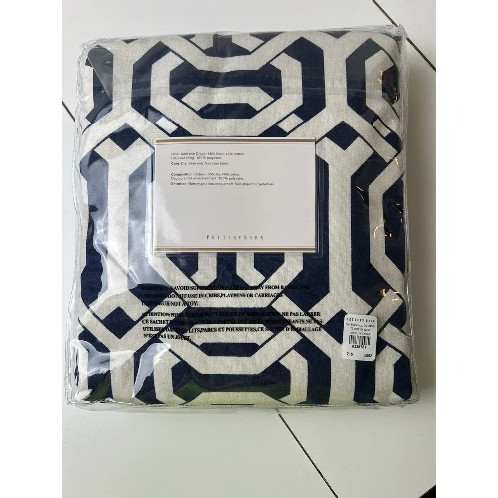 Pottery Barn Terri Trellis Room Darkening Drape Pole Top Navy/OffWhite 50